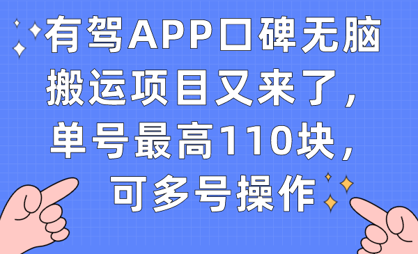 有驾APP口碑无脑搬运项目又来了，单号最高110块，可多号操作-南风轻创