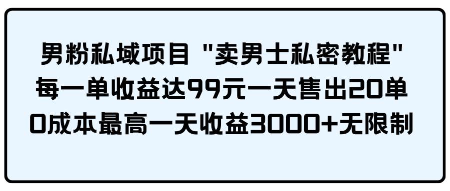 男粉私域项目 卖男士私密教程 每一单收益达99元一天售出20单-南风轻创