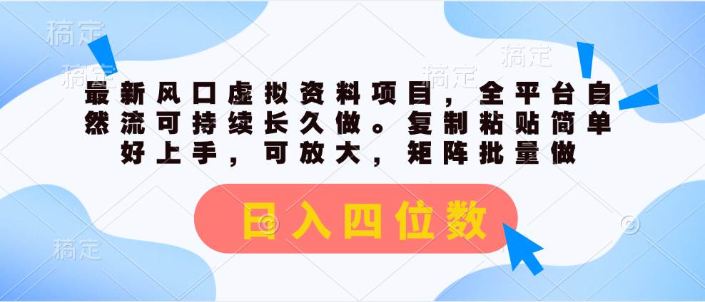 最新风口虚拟资料项目，全平台自然流可持续长久做。复制粘贴 日入四位数-南风轻创