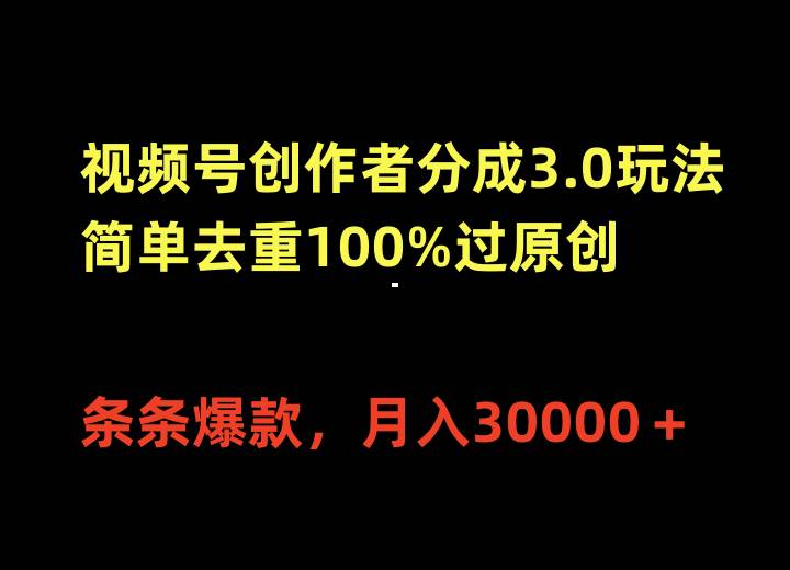 视频号创作者分成3.0玩法，简单去重100%过原创，条条爆款，月入30000＋-南风轻创