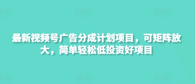 最新视频号广告分成计划项目，可矩阵放大，简单轻松低投资好项目-南风轻创